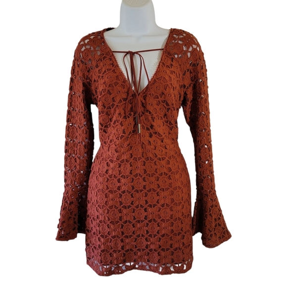NWT Free People Back To Black Mini Dress Sz 6 Terracotta Bell Sleeve Bohemian - Picture 2 of 13
